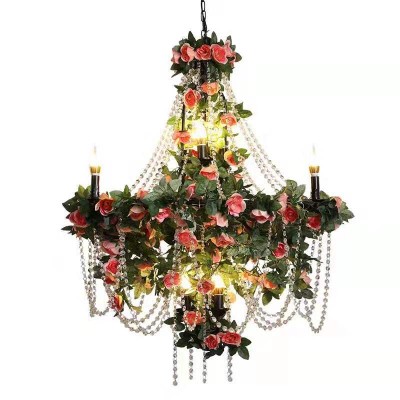 Factory price industrial vintage plants lamp pink flower decorations iron chandelier 8 arms new crystal chandelier wedding